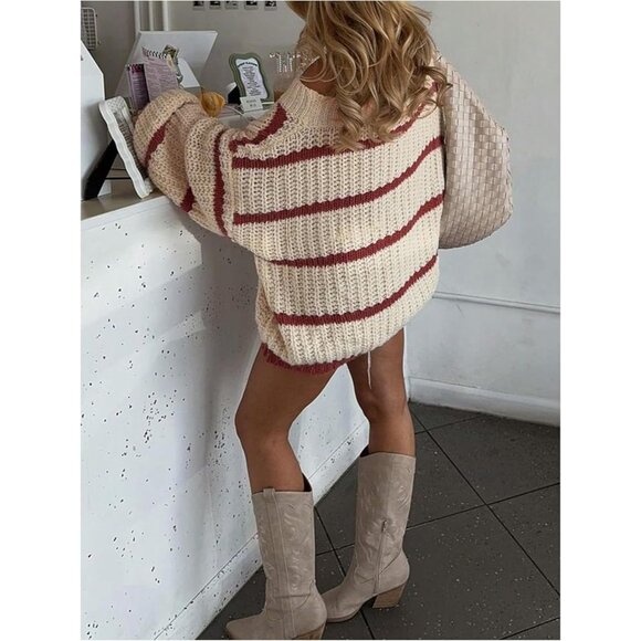 Women's Off Shoulder Sweater Knit Color Block Striped Long Sleeve Cozy - Picture 2 of 7